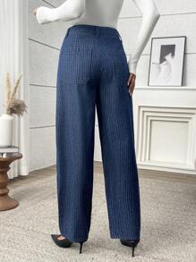 SHEIN LUNE 休闲简约水洗条纹锥形牛仔裤 - 深色水洗藍 - 查看 2