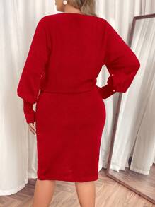 SHEIN Clasi 大码露肩珍珠串珠蝙蝠袖收腰黑色毛衣连衣裙商务休闲女士、工作服、秋季婚礼宾客礼服，适合冬季 - 紅色 - 查看 2