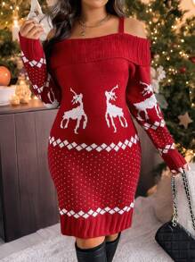 SHEIN LUNE Plus Size Women Christmas Themed Color-Block Jacquard Off-Shoulder Long Sleeve Casual Sweater Dress, Autumn/Winter - Multicolor - View 4