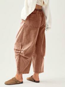Bohemela Pantalon décontracté de vacances pour femmes de couleur unie, taille élastique, relâché, avec poches, forme lanterne - Marron - Voir 2