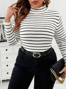 Flirla Duży rozmiar, golf, dopasowany, długi sweter z nadrukiem w paski, na zimę