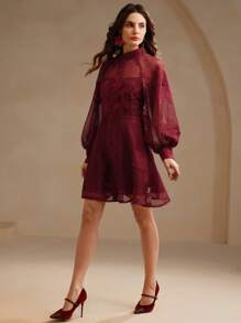 Anewsta 优雅办公室装白色灯笼袖蕾丝收腰连衣裙女士新年衣服 - 紅色 - 查看 3