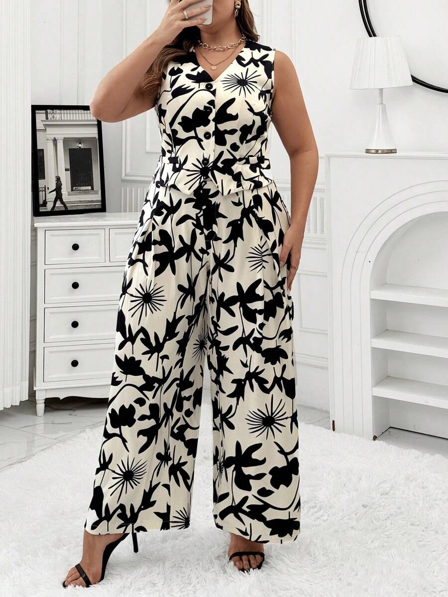 SHEIN Unity 2pcs Plus Size Full Print V-Neck Front Button Sleeveless ...