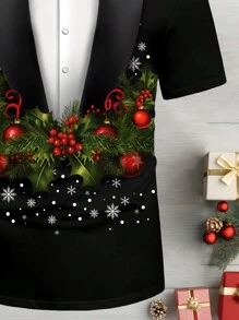 Manfinity Homme 圣诞节圣诞老人树印花红色T恤，休闲时尚男士黑色T恤 - 彩色 - 查看 5