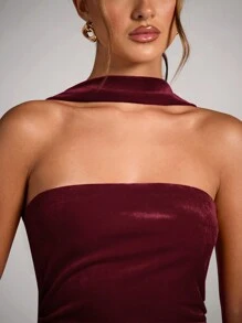 SHEIN BAE Gorgeous And Elegant Velvet Party Banquet Gathering Red Tube TopHalter Long Red Dress,Red Dresschristmas Women Clothes,Elegant Dress Wedding,Halloween Women Outfits,Greek Goddess Dress,Holiday Dress,Christmas Party Dress