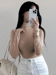 DAZY Women's Turtleneck Slim Fit Base Layer Pullover T-Shirt Long Sleeve Women Tops,Fall Women Clothes - Apricot - View 6