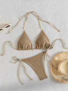 SHEIN Swim Bộ Bikini Cúp Tam Giác Họa Tiết Màu Trơn Đi Biển Mùa Hè Với Chi Tiết Thắt Nút Phía Trước Và Bên Hông Bộ Phù Hợp Với Lễ Hội Âm Nhạc - Màu Khaki - Xem 1