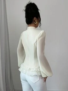 Elenzga Damen Bluse mit Knopfleiste, Rüschenkragen und Langarm, minimalistisch, für den Alltag