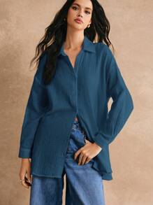 Poéselle 100% Cotton Drop Shoulder Solid Longline Shirt Summer Tops Vacation Clothes - Teal Blue - View 4