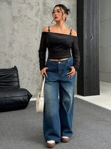 SHEIN EZwear Damen Große Größen Silber-Faden transparente Bluse, minimalistische Mode Lässig Alltagskleidung - Schwarz - Übersicht 5