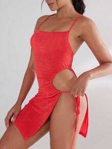 SHEIN SXY Đầm ngắn hở eo màu trơn gợi cảm mùa hè cho nữ - Đỏ - Xem 1