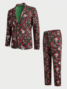 Manfinity VCAY 2pcs Men's Christmas Tree Print Knit Shawl Collar Open Front Casual Blazer And Straight Leg Casual Suit Pants Set, Suitable For Autumn Christmas Party