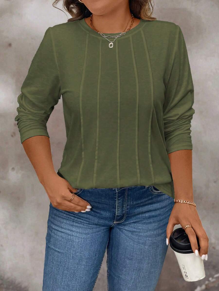 Camiseta Casual de Manga Longa com Gola Redonda e Plissada em Cor Sólida, Plus Size - Verde - Visão 1