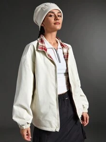 Exploreva Damen Wendbarer Karomuster Stehkragen Locker Lässige Sportjacke, Langarm