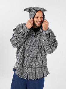 Manfinity VCAY 大码男士宽松休闲黑白格子长袖连帽休闲外出拼色夹克，适合秋冬送给朋友、丈夫、男朋友的礼物