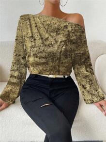 Chiquease 25+ Party Style Casual Elegant Sparkling Oblique Shoulder Slightly Sexy Long Sleeve Shirt For New Year Holiday Party Clothes One Shoulder Top