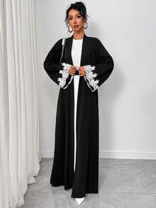 Women Solid Color Patchwork Long Sleeve Casual Abaya Open Cardigan