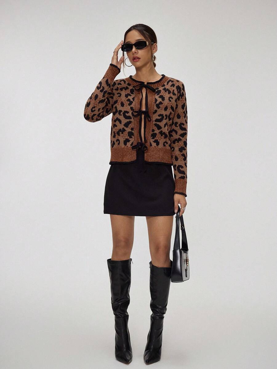 Forever 21 女士休闲豹纹提花系带开衫，秋冬 - 彩色 - 查看 1