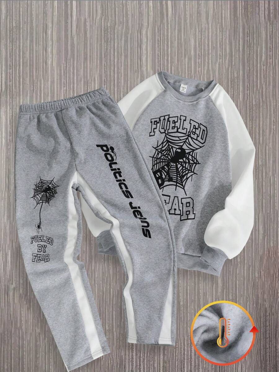 SHEIN Explorewe 2 件/套 Tween Boys High Street 字母和蜘蛛印花拼色保暖内衬连帽衫和裤子套装,休闲运动装 - 灰色 - 查看 1