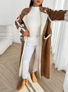 Flirla Chaqueta larga de talla grande informal con falso y ribete de pelo