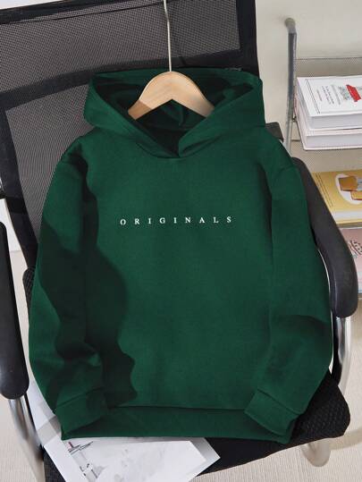 SHEIN 青少年男孩字母印花长袖休闲宽松连帽运动衫，秋冬