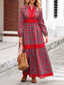 SHEIN VCAY Women Vintage Plaid Lantern Sleeve Patchwork A-Line Extra Long Casual Vacation Dress, Autumn/Winter