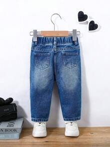 SHEIN Quần Harem denim màu xanh đính nơ đen dễ thương cho bé gái - Rửa tối - Xem 2