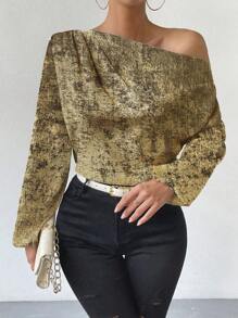 Chiquease 25+ Party Style Casual Elegant Sparkling Oblique Shoulder Slightly Sexy Long Sleeve Shirt For New Year Holiday Party Clothes One Shoulder Top