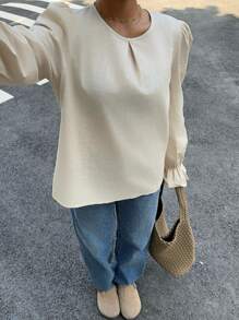 SHEIN Essnce 女士长袖衬衫 后系带泡泡长袖宽松衬衫 白领衬衫 商务/办公装 时尚衬衫 女装 杏色长袖衬衫 - 杏色 - 查看 7