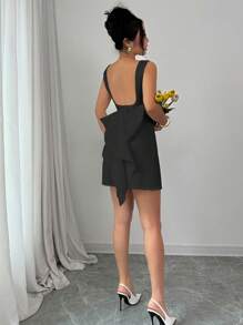 Elenzga 优雅女士无袖露背蝴蝶结圆领迷你连衣裙