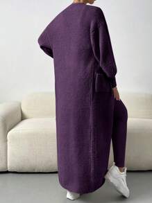 Chiquease 3 Peças Conjunto de Roupas Roxas Femininas: Regata Aveludada de Cor Sólida, Calça Longa, Cardigã Longo Com Bolsos - Roxo - Visão 2