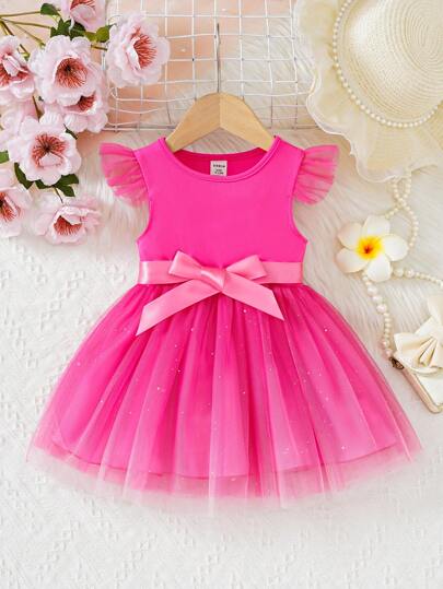SHEIN Elladie kids 女婴粉色网眼撞色腰带圆领短袖连衣裙