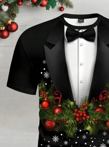 Manfinity Homme 圣诞节圣诞老人树印花红色T恤，休闲时尚男士黑色T恤 - 彩色 - 查看 4