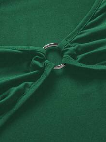 INAWLY 女士纯色长袖镂空简约修身紧身衣，休闲日常穿着 - 墨綠色 - 查看 5