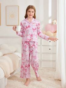 SHEIN Tween Girl Elegant Bow Decor Collar Long Sleeve Pants Soft Comfortable Loose Casual Pajama Set, Sibling Outfits (2 Sets Sold Separately)