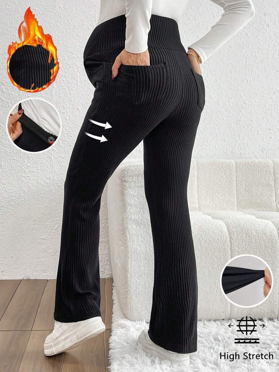 SHEIN 孕妇纯色高腰紧身裤，秋季休闲装 - 黑色 - 查看 1