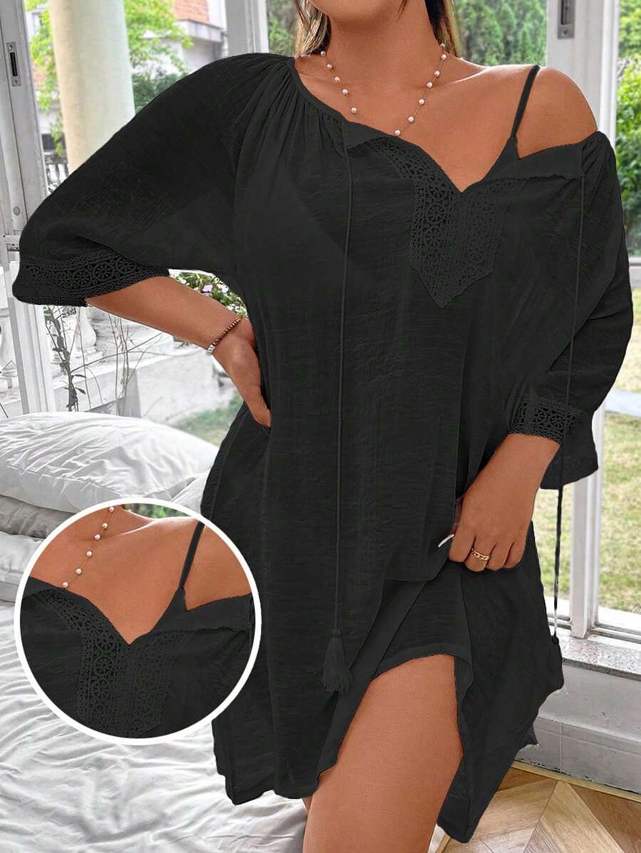 Swim Lushoire Plus Size Women's Plain Simple Daily Cover Up,Summer Beach - Black - View 1