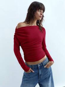 Maija Damskie Wiosna Lato Jednolity Kolor Asymetryczny Dekolt Długi Rękaw Falbana Wąska Koszulka Halter Top Asymetryczny Elegancki Top Sukienki Dla Kobiet Elegancki