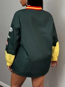 Slaydiva New Casual Street Sports V-Neck Off-Shoulder Long-Sleeved Loose Dark Green Contrasting Yellow English Slogan Logo Printed Women's Sweatshirt-A Graduation,Back To School Outfits,Graduation,Teacher Outfits For Women,Back To School