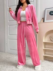 CovetEZ Bộ 2 món áo trùm đầu nhung thường ngày cỡ lớn mùa thu và quần dài - Hồng - Xem 3