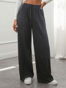 SHEIN LUNE Women's Casual Elastic Waist Distressed Double Pocket Pants,Winter Pants - Dark Grey - View 3