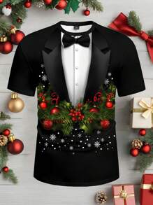 Manfinity Homme 圣诞节圣诞老人树印花红色T恤，休闲时尚男士黑色T恤 - 彩色 - 查看 2