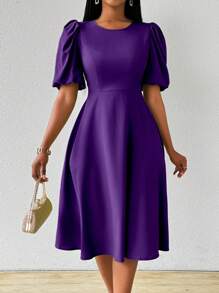 Lyxana Green Women's Long Puff Sleeve Waisted Flare Dress, Spring/Summer Maxi Women Outfit