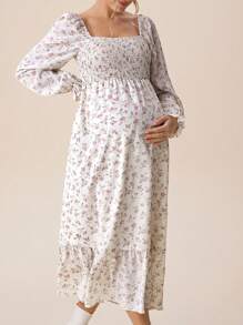 SHEIN 奶油色花朵褶饰长袖孕妇装（秋季） - 杏色 - 查看 7