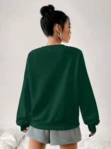 SHEIN EZwear 休闲简约 MILANO 图案印花圆领宽松长袖女式运动衫 - 綠色 - 查看 3