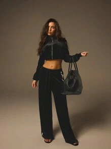 Athîral 2 Stücke Damen Lässig Kontrast Saum Crop Top und lange Hose Set, Herbst - Schwarz - Übersicht 5