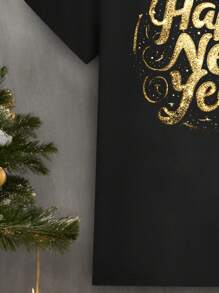 Manfinity Homme Plus Size Men's Casual 2025 New Year Faux Gold Foil Graphic Print Couple T-Shirt