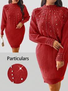 SHEIN Unity 加大码串珠装饰立领优雅长袖毛衣连衣裙新年服装冬季 - 紅色 - 查看 1
