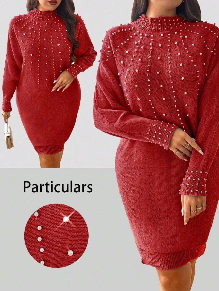 SHEIN Unity 加大码串珠装饰立领优雅长袖毛衣连衣裙新年服装冬季 - 紅色 - 查看 1