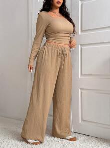 SHEIN EZwear Bộ 2 món áo dệt kim họa tiết cỡ lớn và quần rút dây - Cà phê nâu - Xem 4